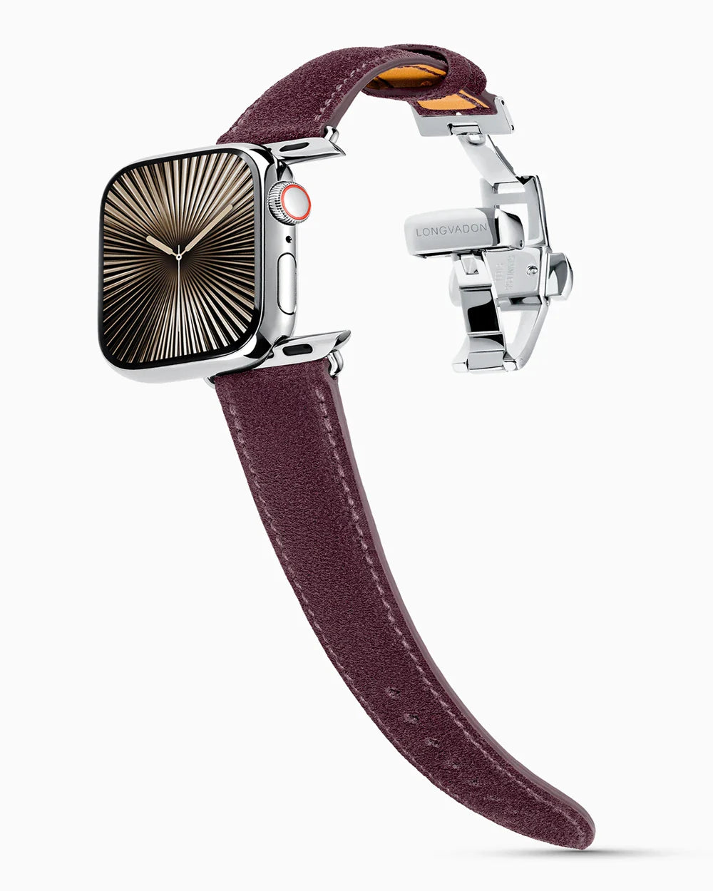 Janus Suede luxury Apple Watch leather band on a Series 10 Apple Watch