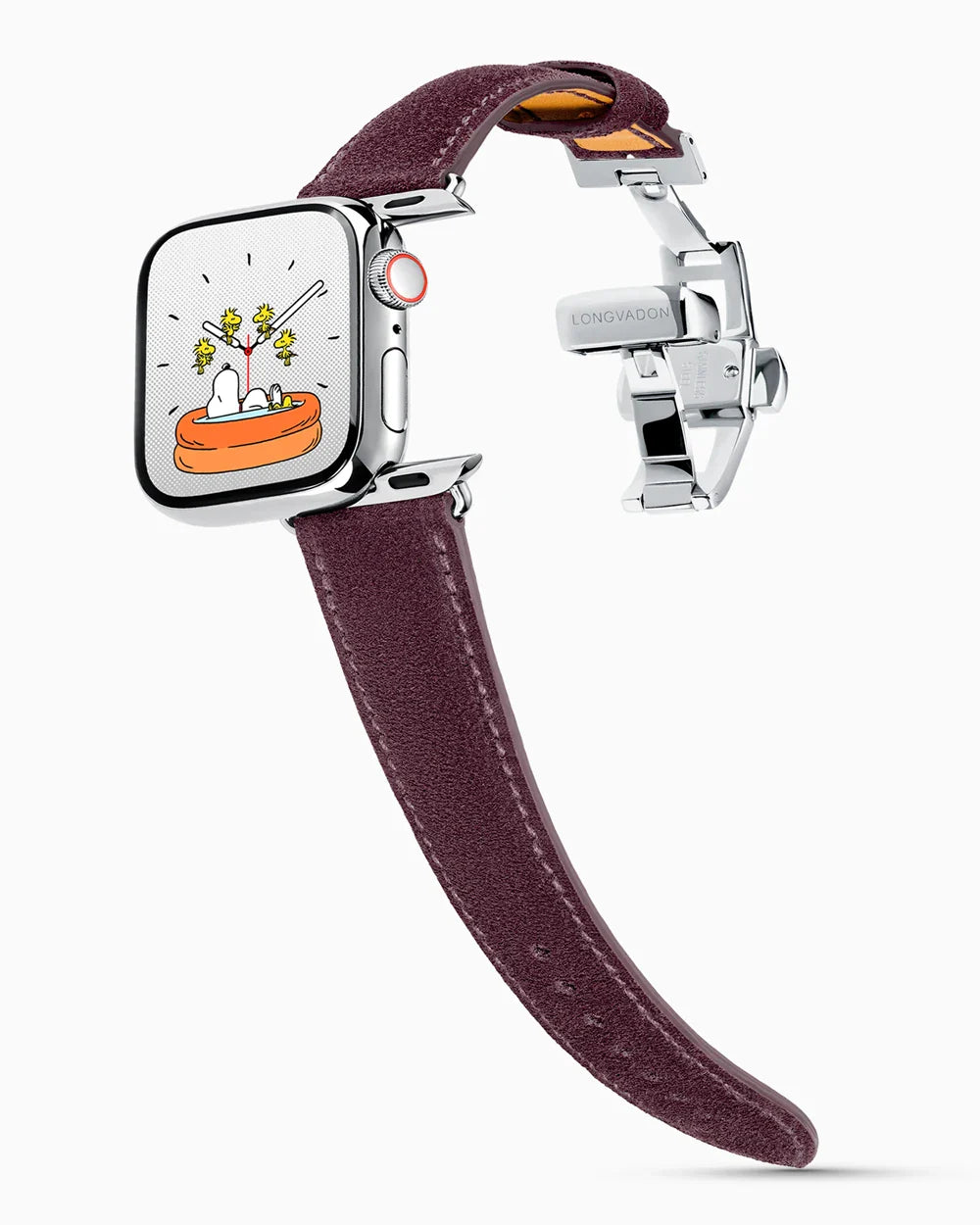 Janus Suede luxury Apple Watch leather band on a Series 9 Apple Watch