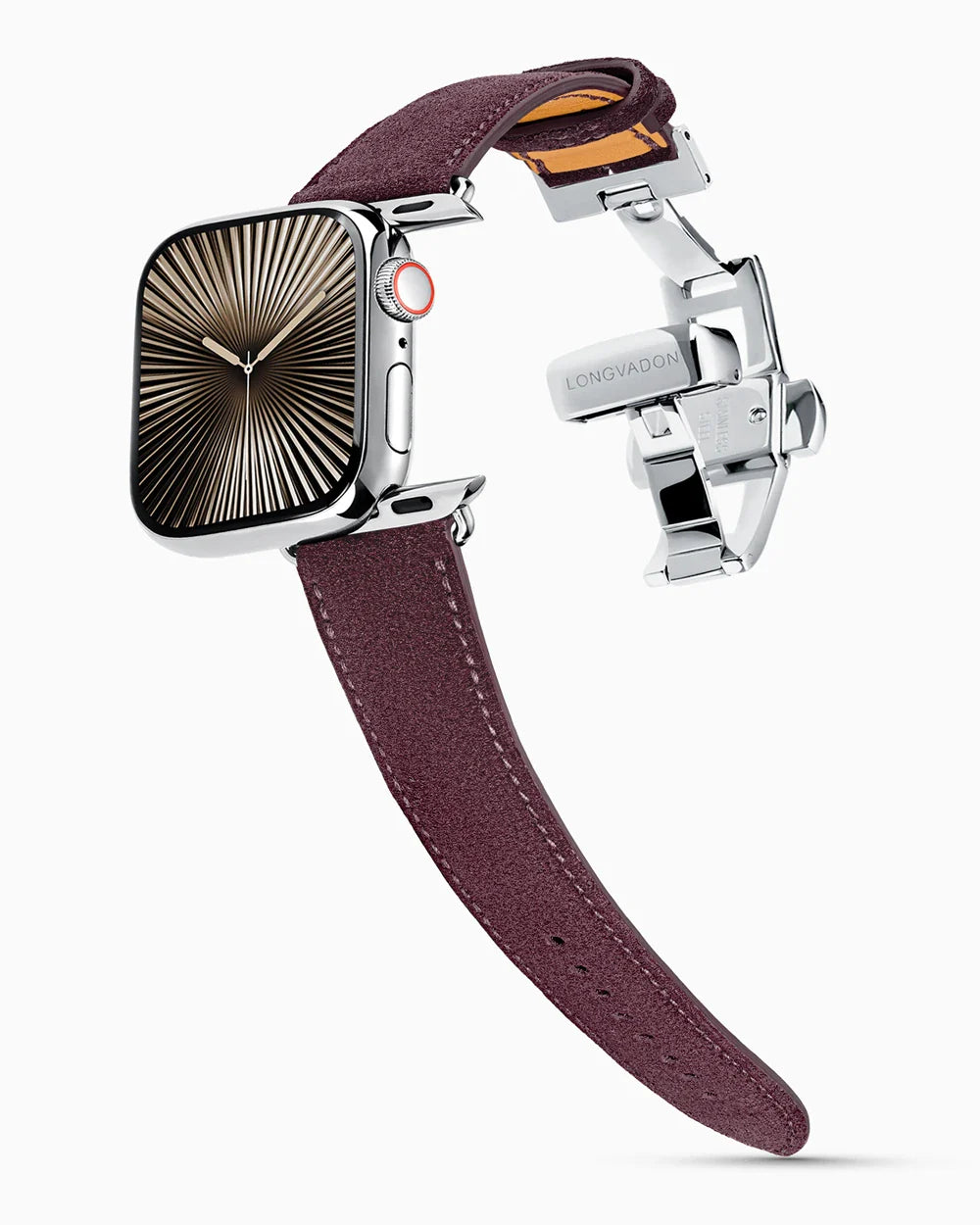 Janus Suede luxury Apple Watch leather band on a Series 10 Apple Watch