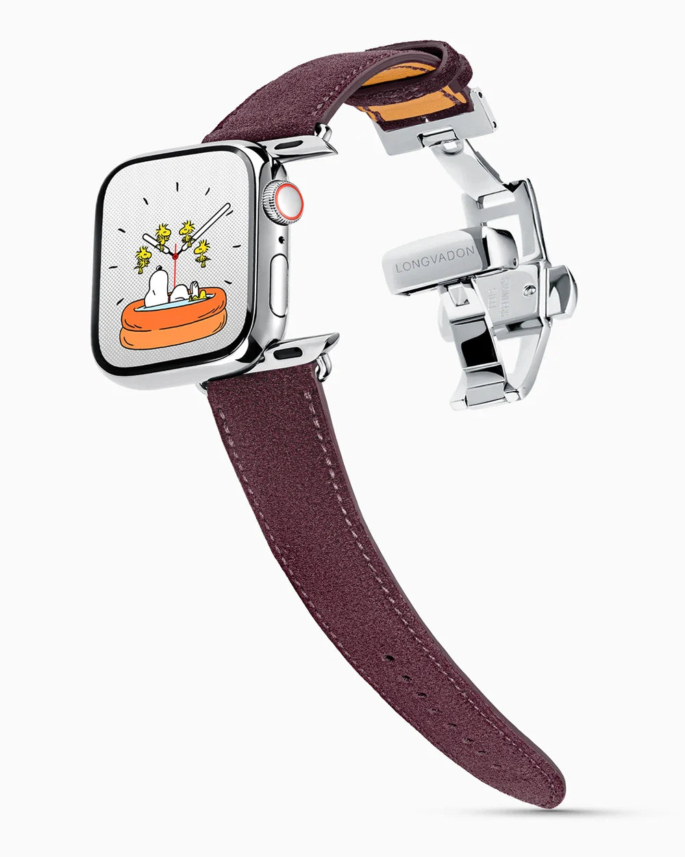 Janus Suede luxury Apple Watch leather band on a Series 9 Apple Watch