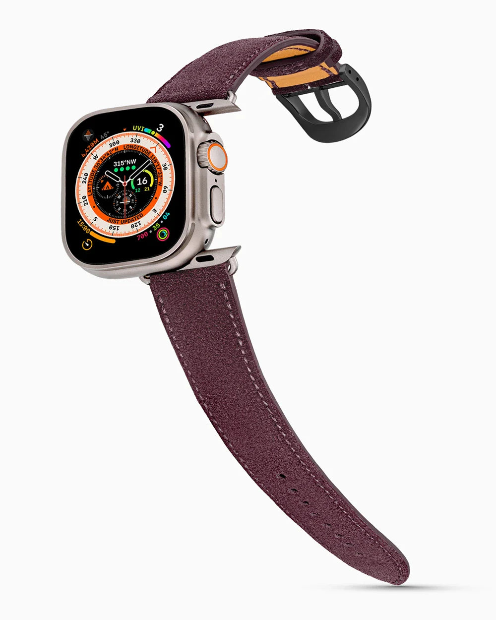 Janus Suede luxury Apple Watch leather band on an Apple Watch Ultra