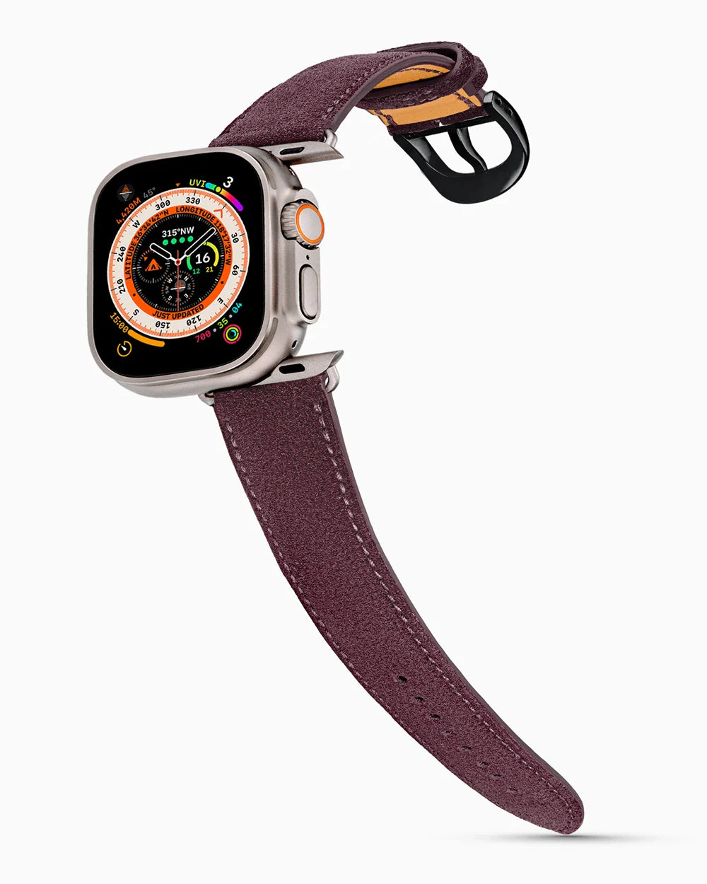 Janus Suede luxury Apple Watch leather band on an Apple Watch Ultra