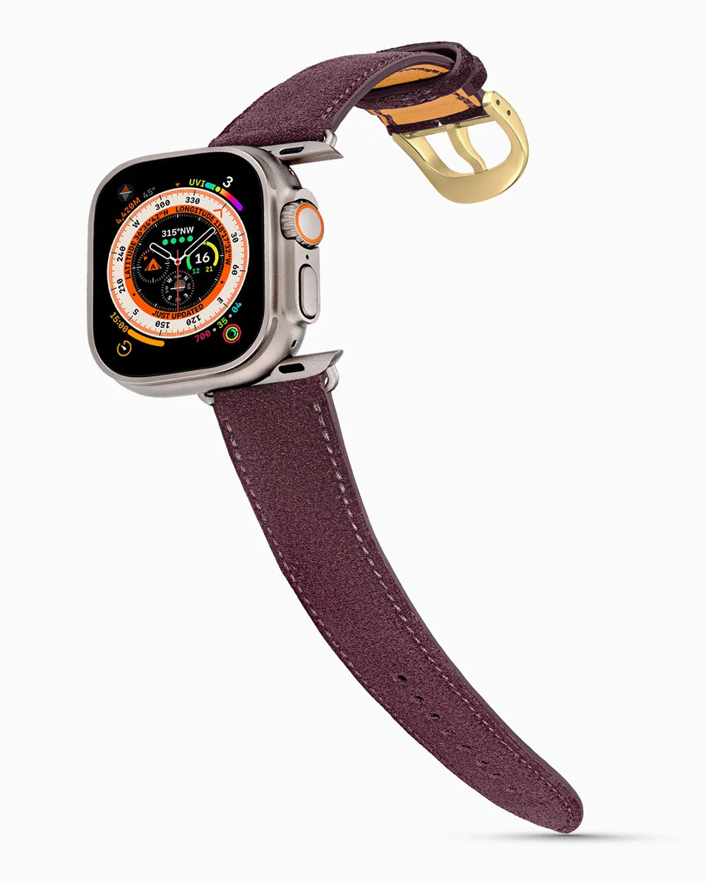Janus Suede luxury Apple Watch leather band on an Apple Watch Ultra