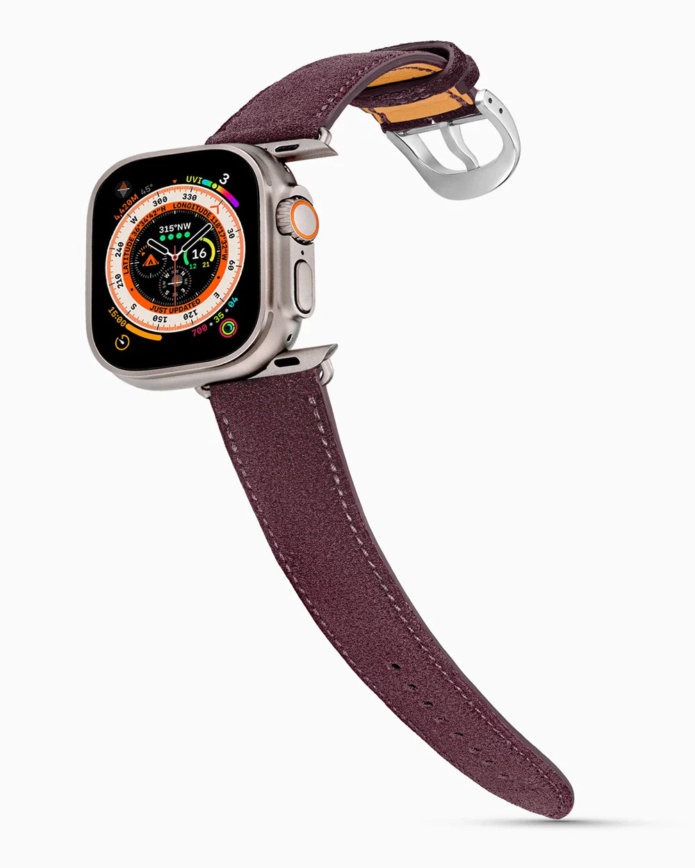 Janus Suede luxury Apple Watch leather band on an Apple Watch Ultra