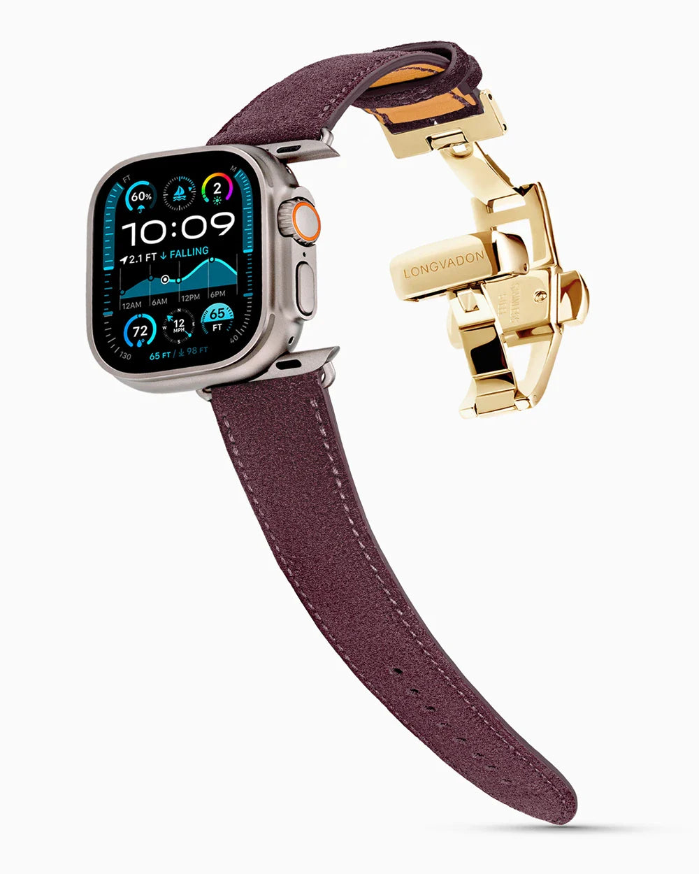 Janus Suede luxury Apple Watch leather band on an Apple Watch Ultra