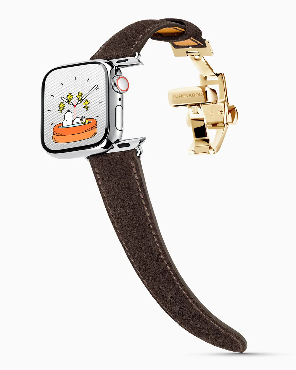 Janus Suede luxury Apple Watch leather band on a Series 9 Apple Watch