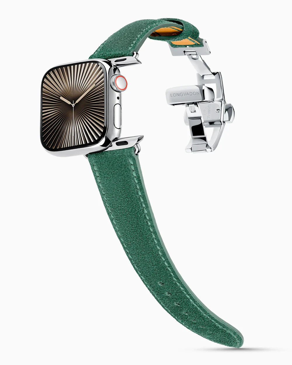 Janus Suede luxury Apple Watch leather band on a Series 10 Apple Watch