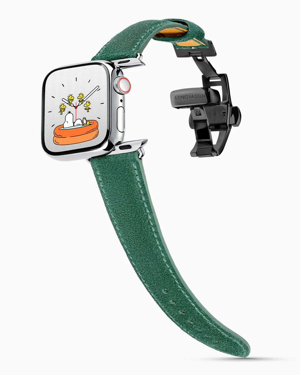 Janus Suede luxury Apple Watch leather band on a Series 9 Apple Watch