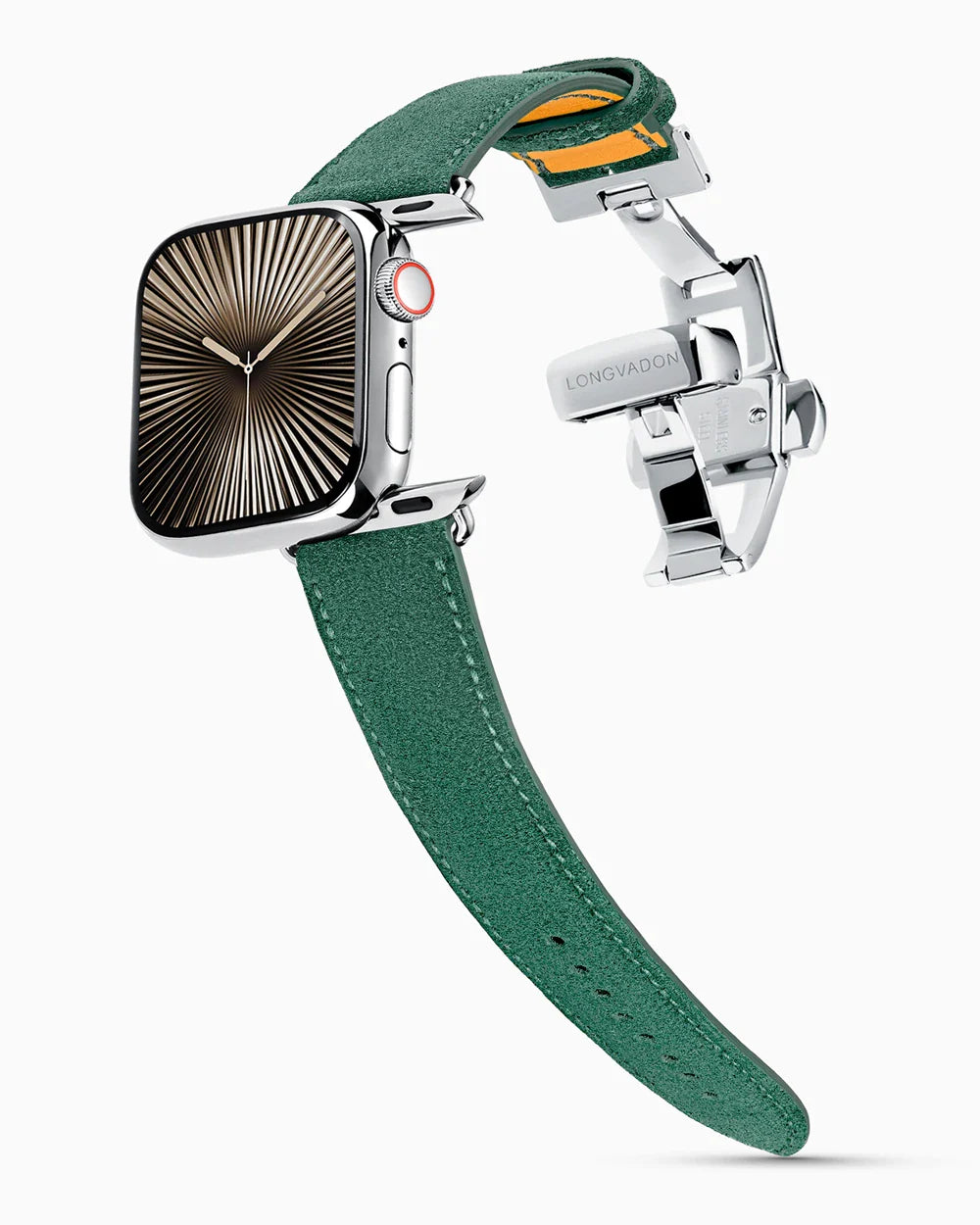 Janus Suede luxury Apple Watch leather band on a Series 10 Apple Watch