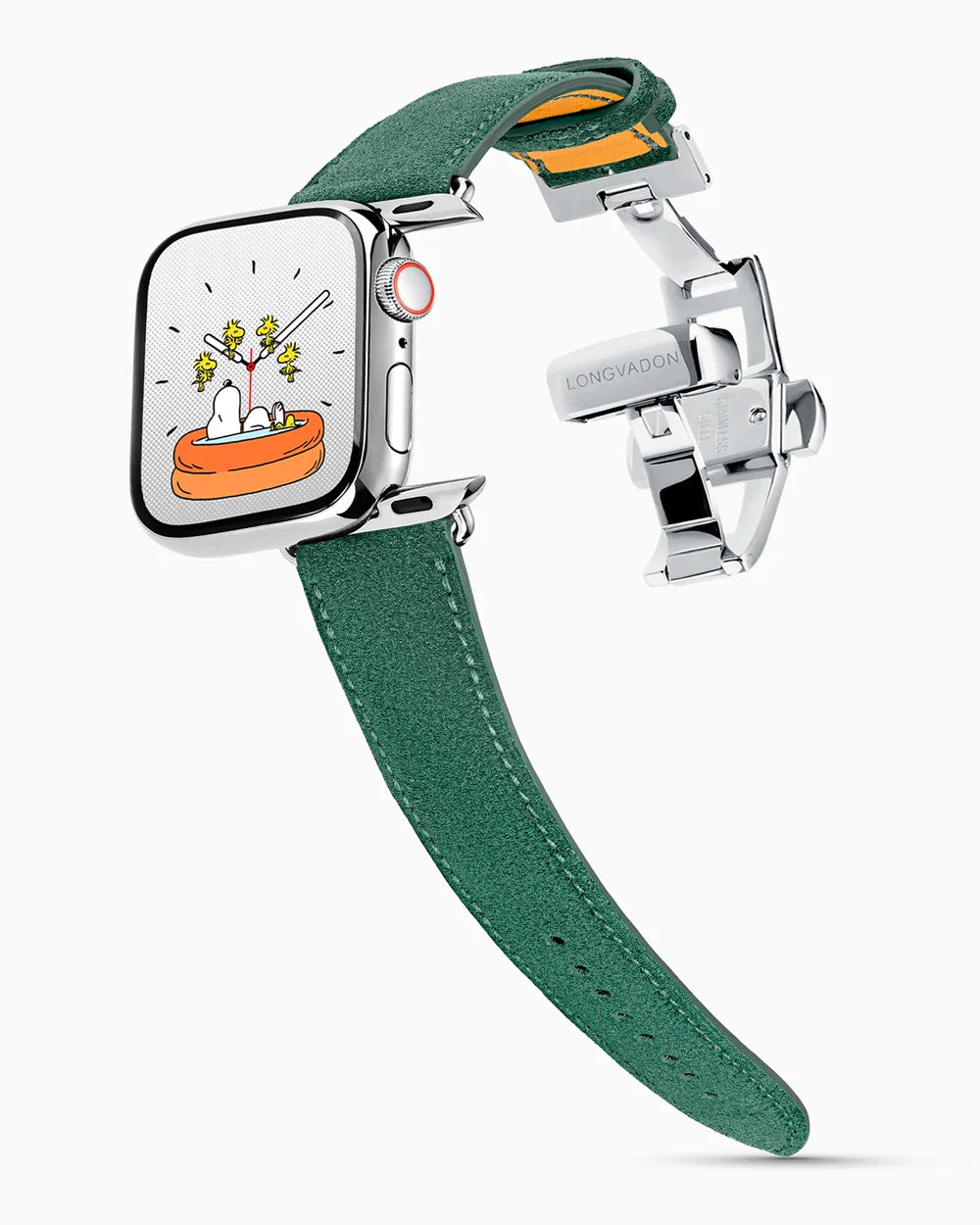 Janus Suede luxury Apple Watch leather band on a Series 9 Apple Watch