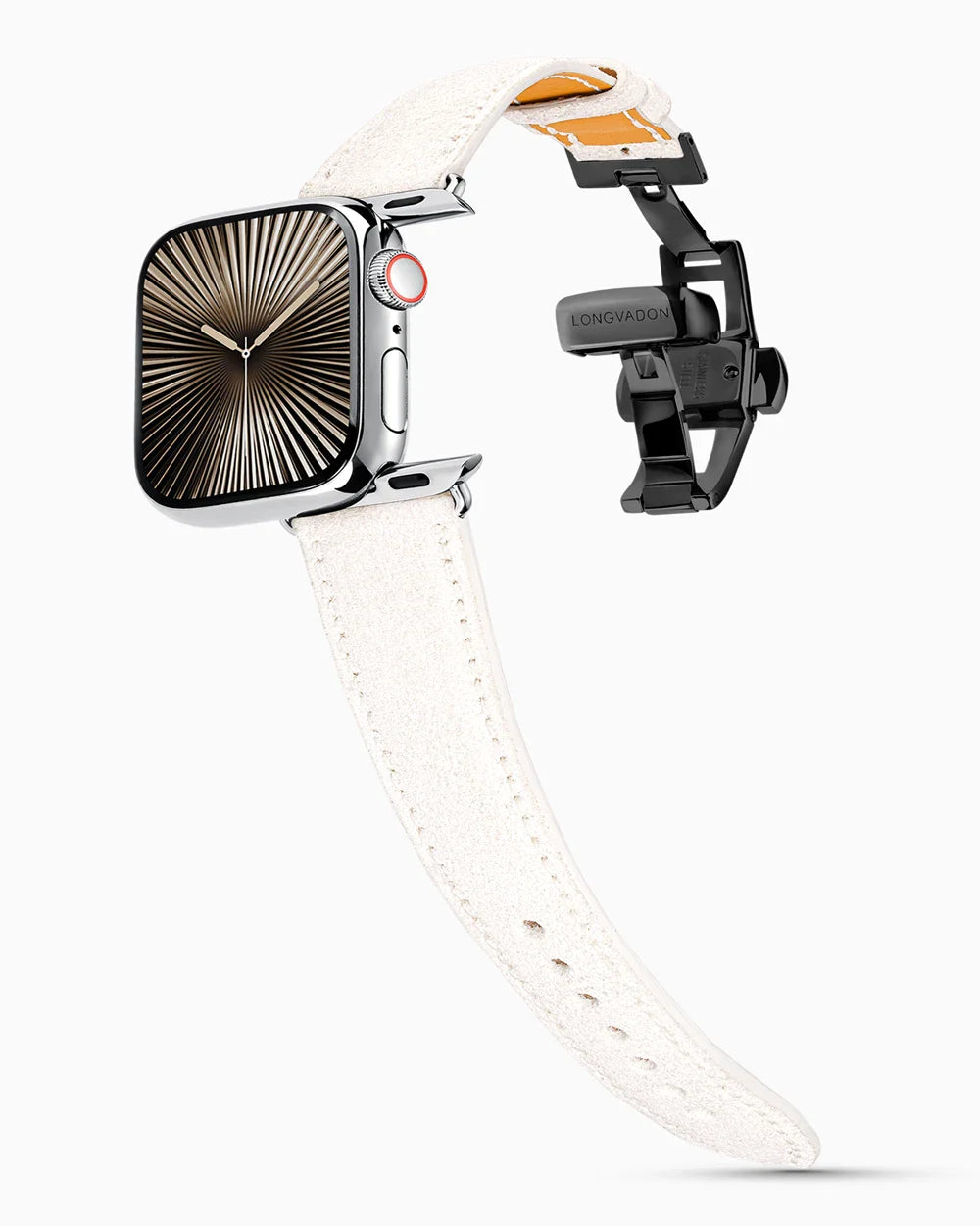 Janus Suede luxury Apple Watch leather band on a Series 10 Apple Watch