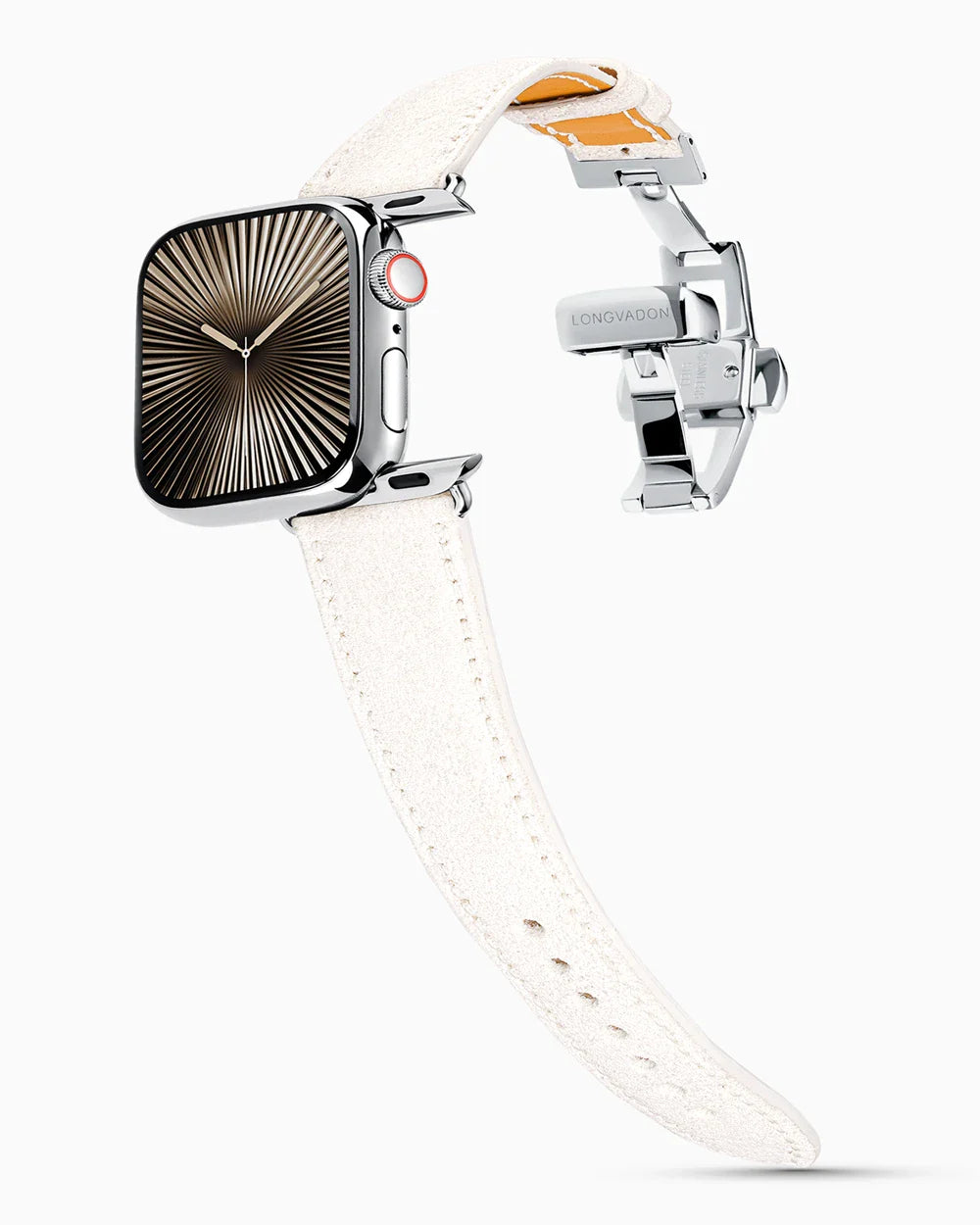 Janus Suede luxury Apple Watch leather band on a Series 10 Apple Watch