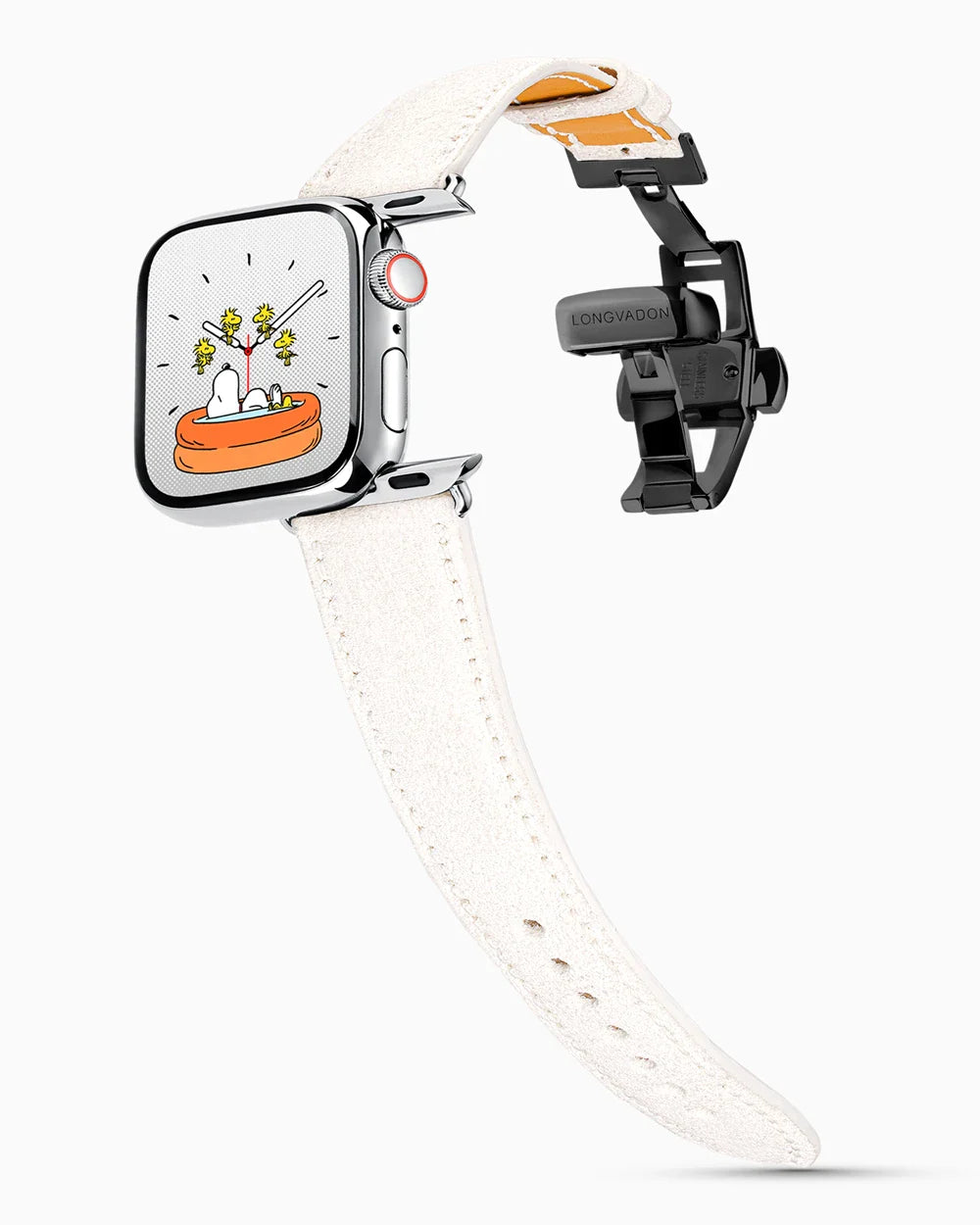 Janus Suede luxury Apple Watch leather band on a Series 9 Apple Watch