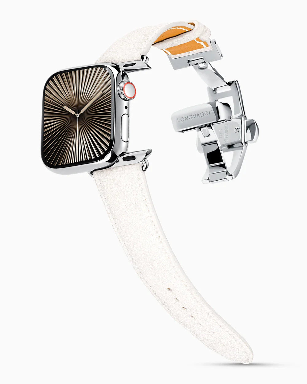 Janus Suede luxury Apple Watch leather band on a Series 10 Apple Watch