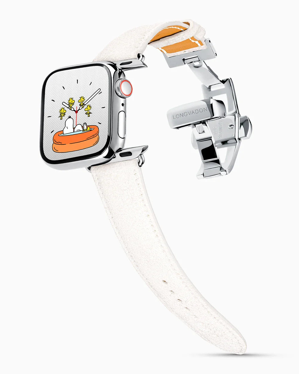 Janus Suede luxury Apple Watch leather band on a Series 9 Apple Watch