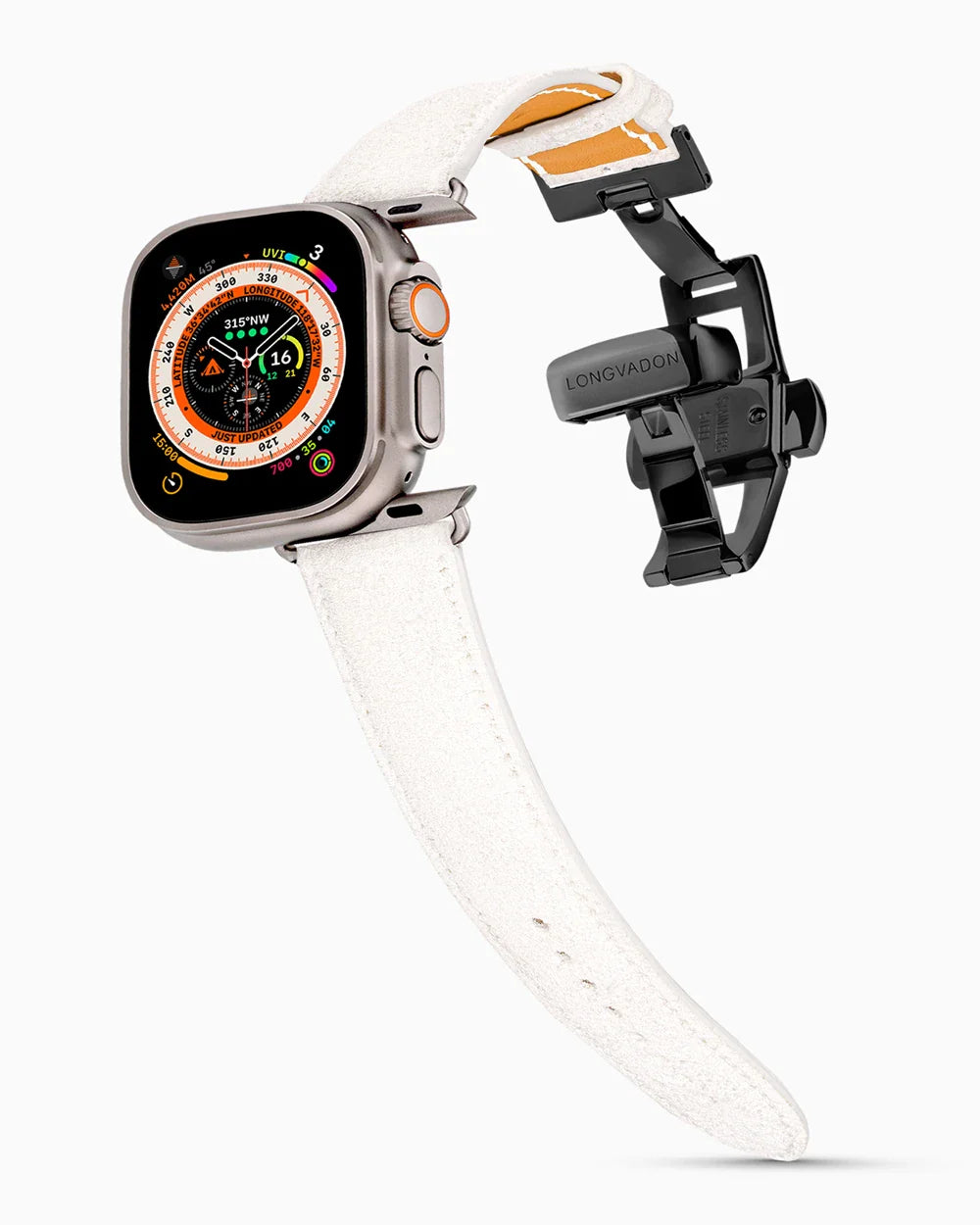 Janus Suede luxury Apple Watch leather band on an Apple Watch Ultra