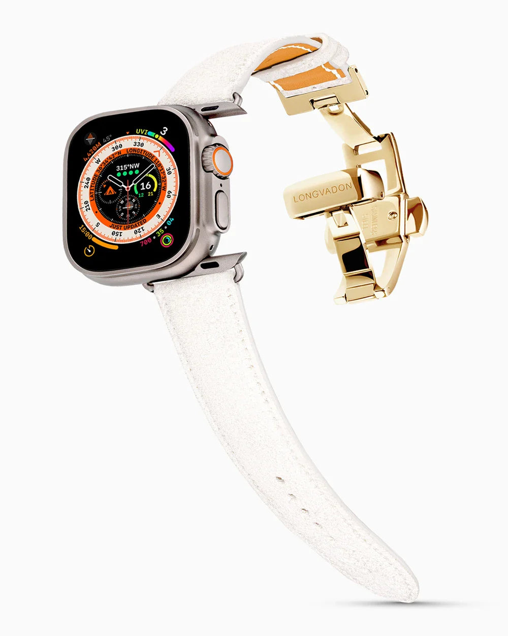 Janus Suede luxury Apple Watch leather band on an Apple Watch Ultra