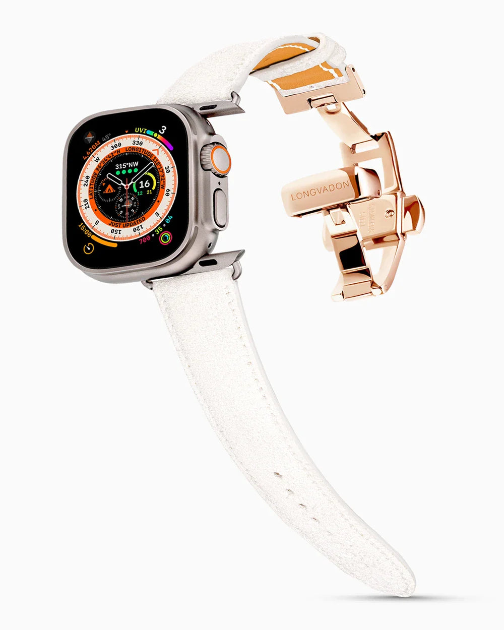 Janus Suede luxury Apple Watch leather band on an Apple Watch Ultra