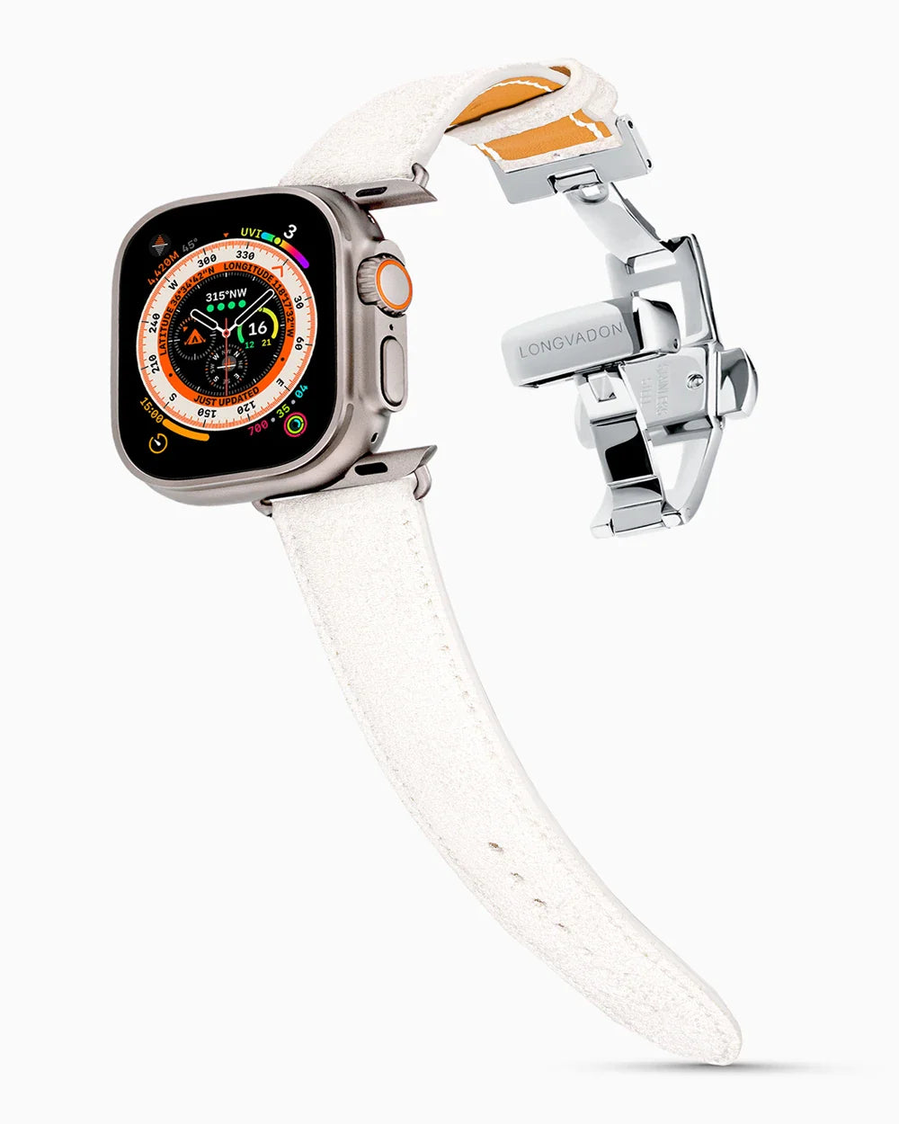 Janus Suede luxury Apple Watch leather band on an Apple Watch Ultra