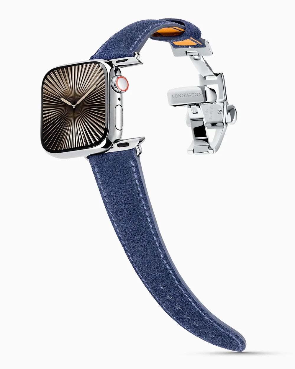 Janus Suede luxury Apple Watch leather band on a Series 10 Apple Watch