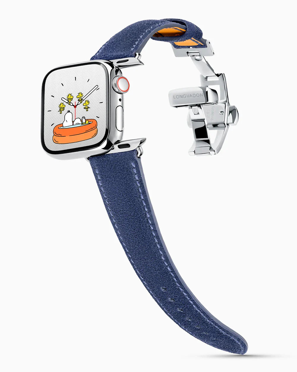 Janus Suede luxury Apple Watch leather band on a Series 9 Apple Watch