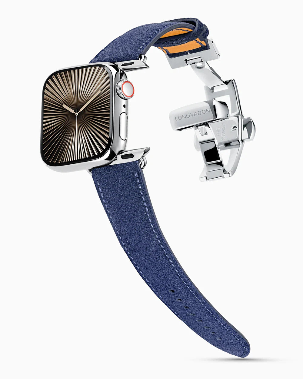 Janus Suede luxury Apple Watch leather band on a Series 10 Apple Watch