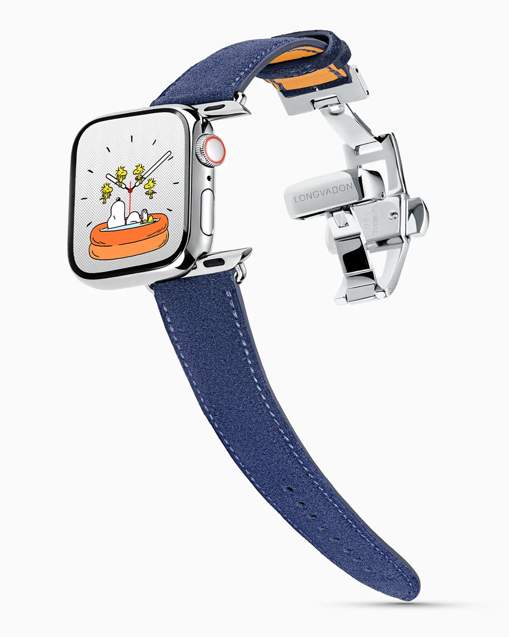 Janus Suede luxury Apple Watch leather band on a Series 9 Apple Watch