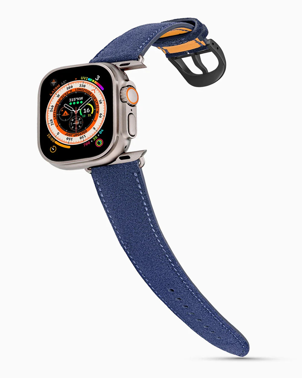 Janus Suede luxury Apple Watch leather band on an Apple Watch Ultra