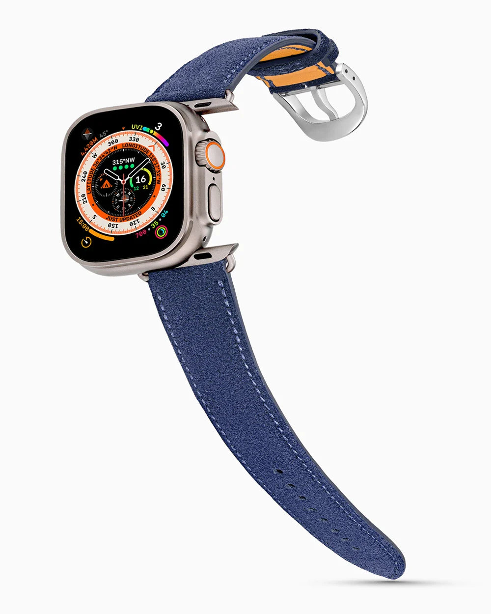 Janus Suede luxury Apple Watch leather band on an Apple Watch Ultra