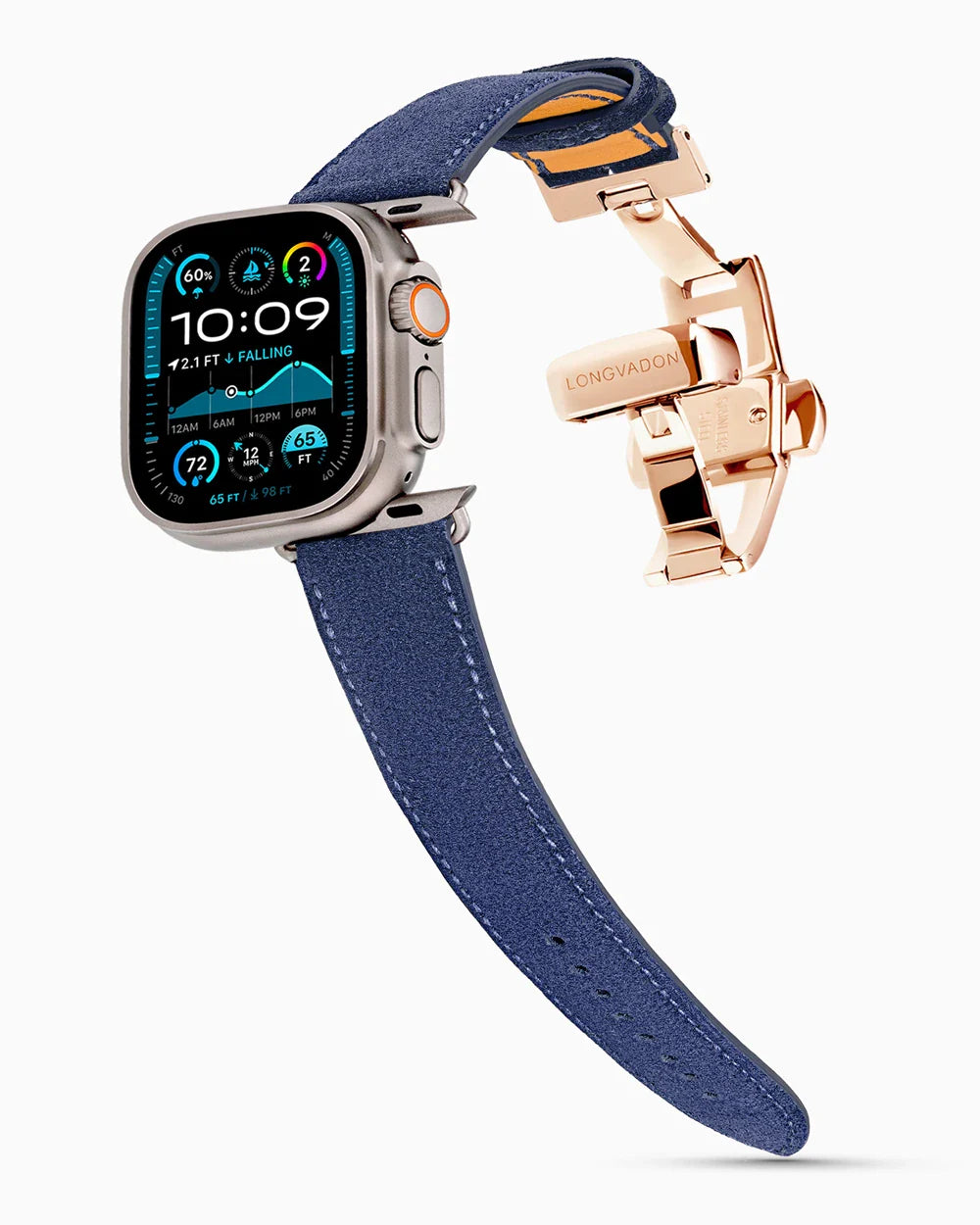 Janus Suede luxury Apple Watch leather band on an Apple Watch Ultra