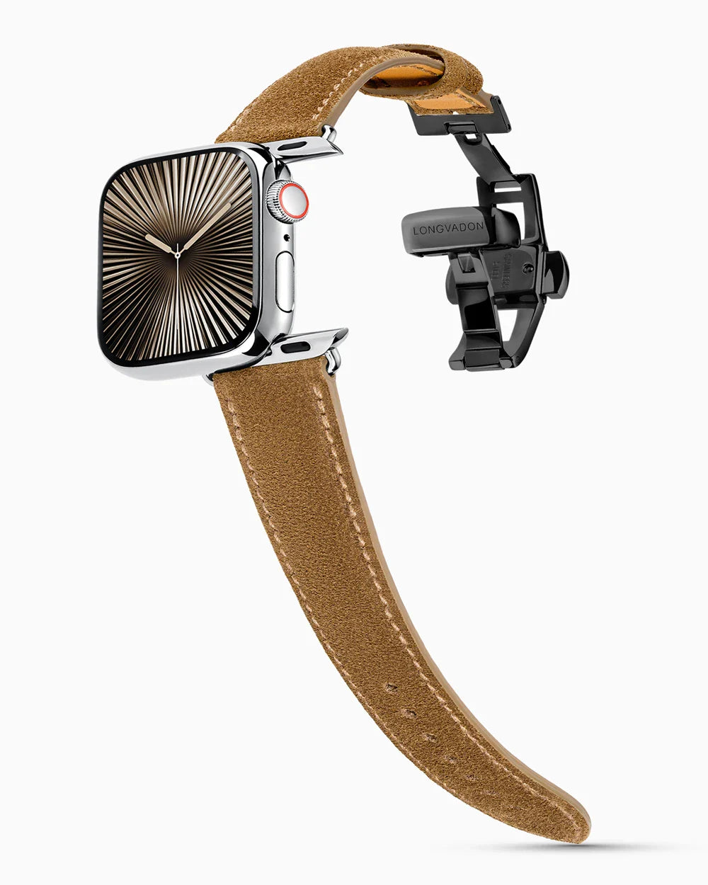 Janus Suede luxury Apple Watch leather band on a Series 10 Apple Watch