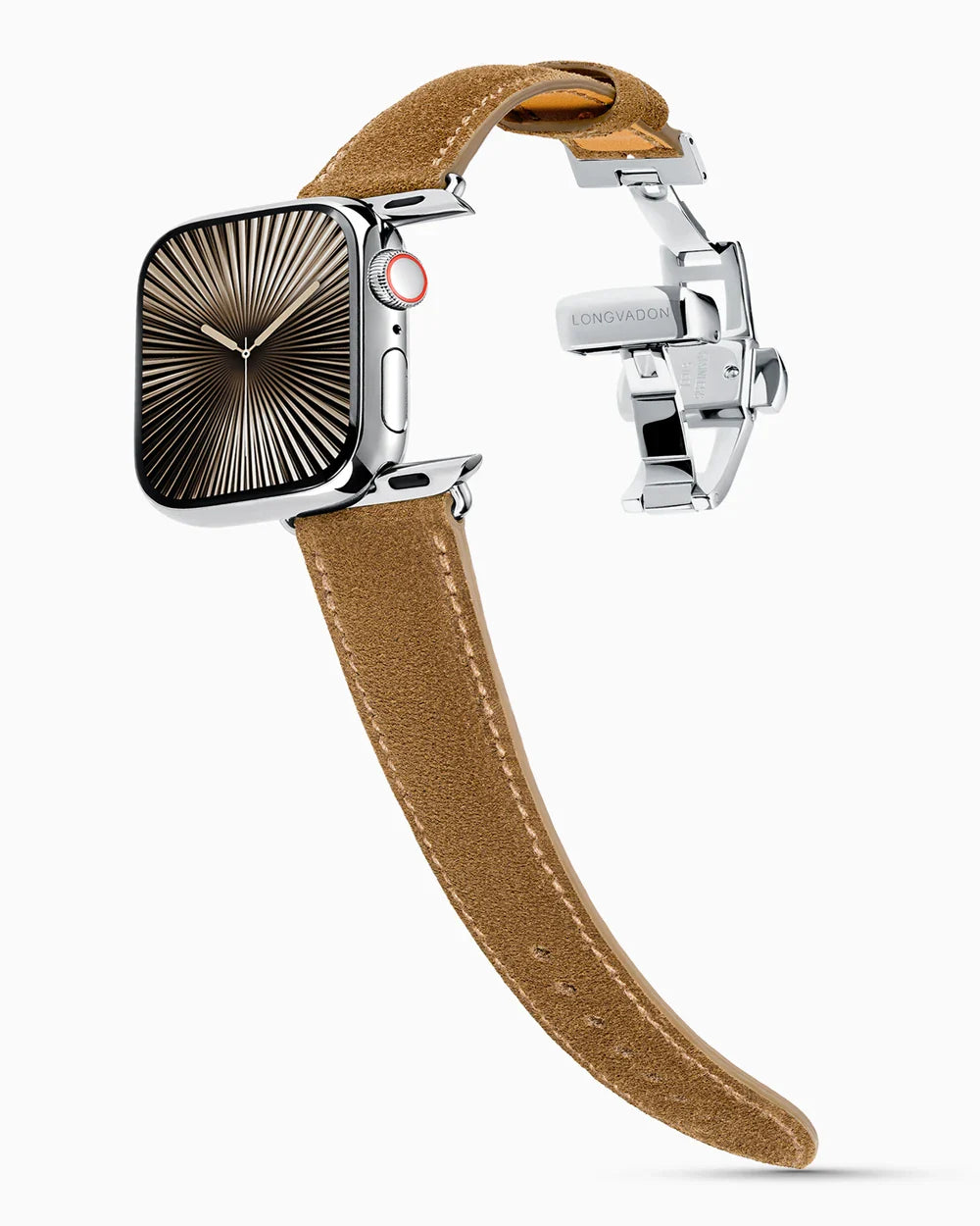 Janus Suede luxury Apple Watch leather band on a Series 10 Apple Watch