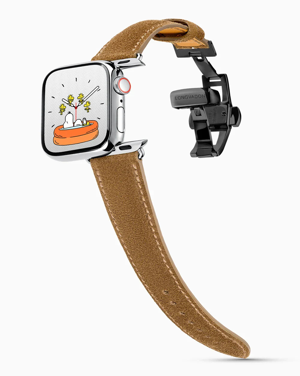 Janus Suede luxury Apple Watch leather band on a Series 9 Apple Watch