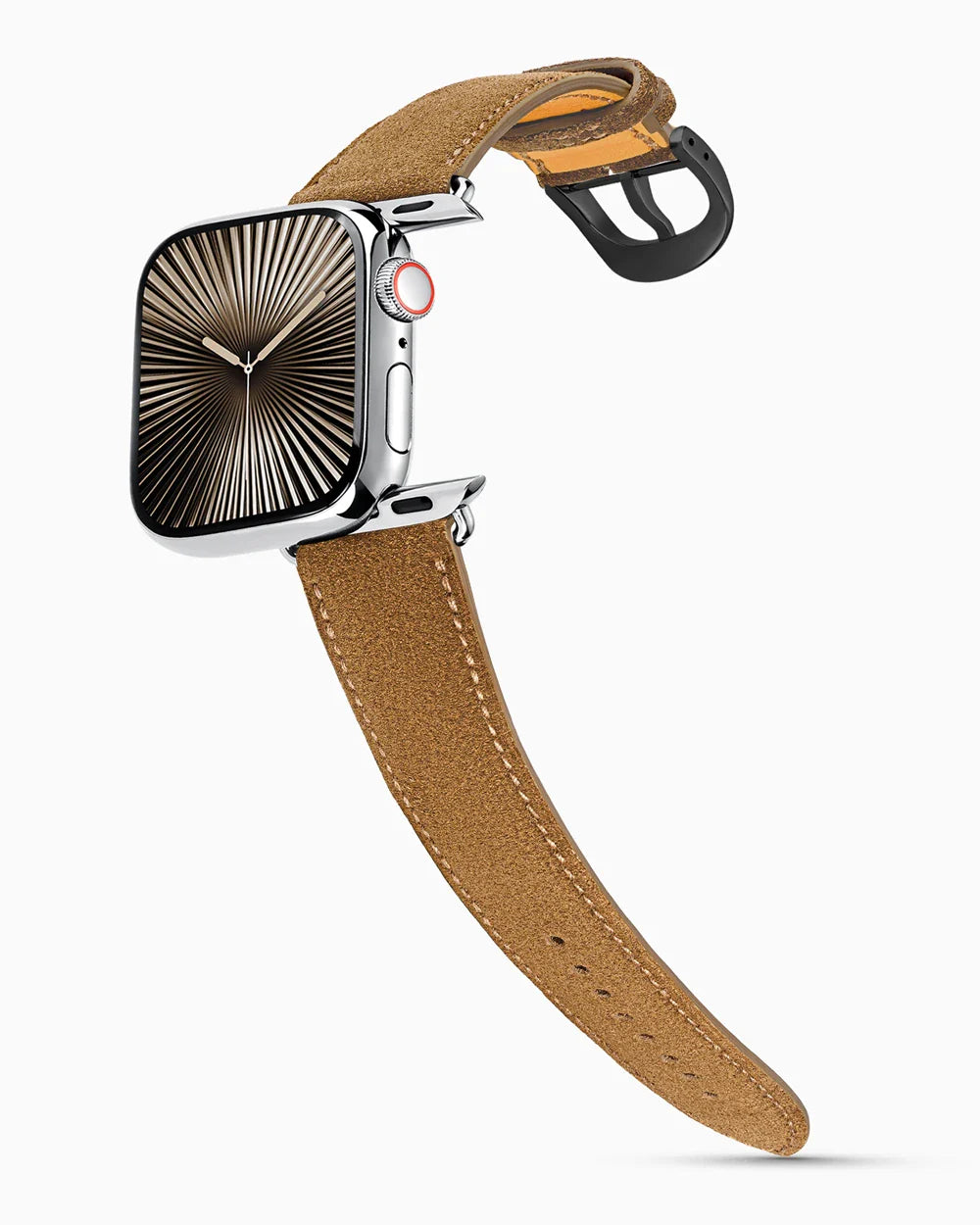 Janus Suede luxury Apple Watch leather band on a Series 10 Apple Watch