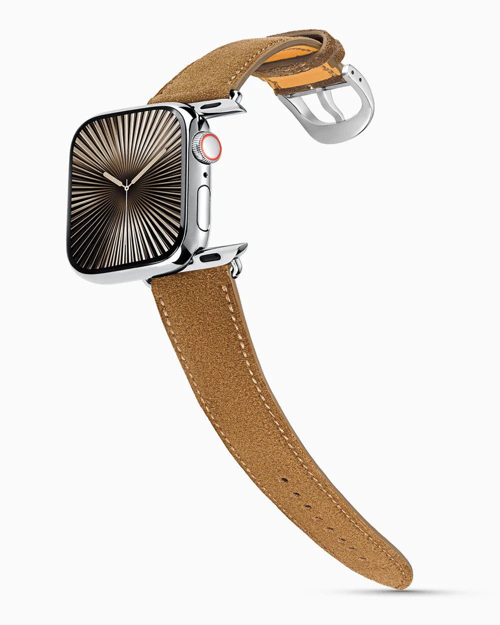 Janus Suede luxury Apple Watch leather band on a Series 10 Apple Watch