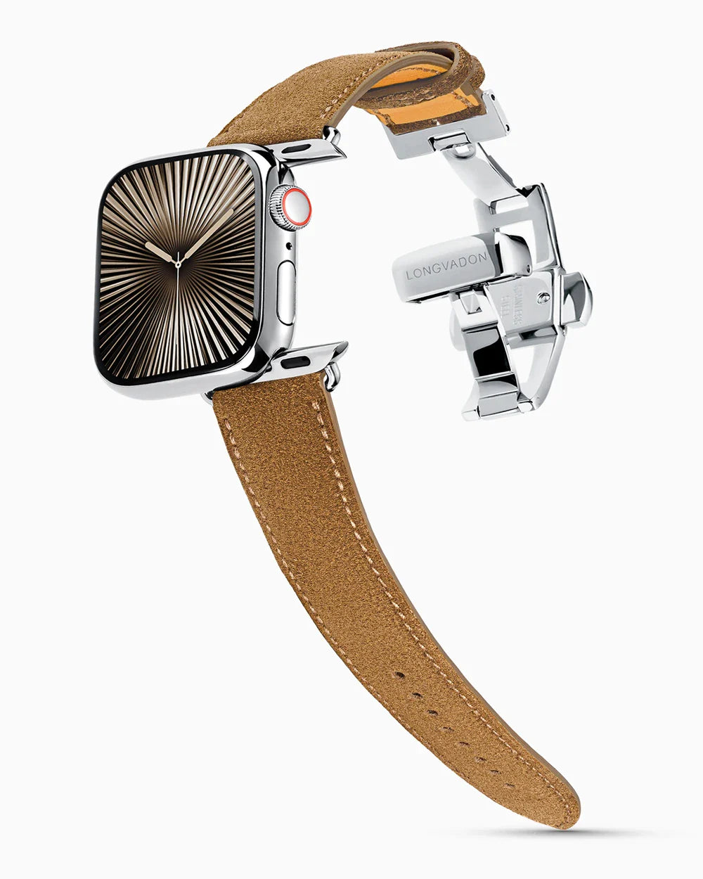 Janus Suede luxury Apple Watch leather band on a Series 10 Apple Watch