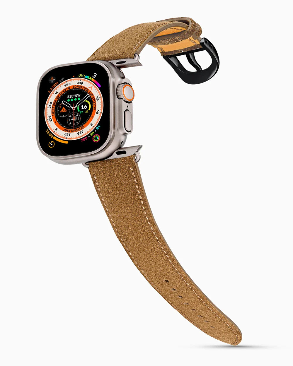 Janus Suede luxury Apple Watch leather band on an Apple Watch Ultra