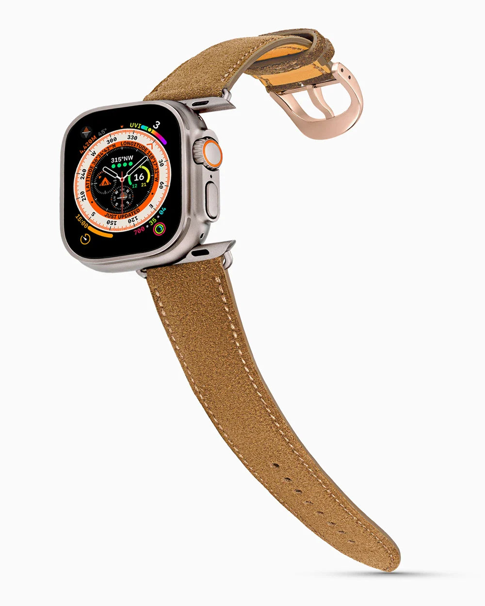 Janus Suede luxury Apple Watch leather band on an Apple Watch Ultra