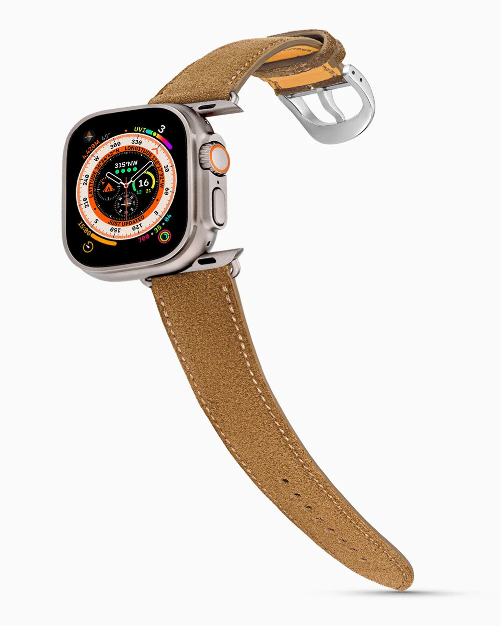 Janus Suede luxury Apple Watch leather band on an Apple Watch Ultra