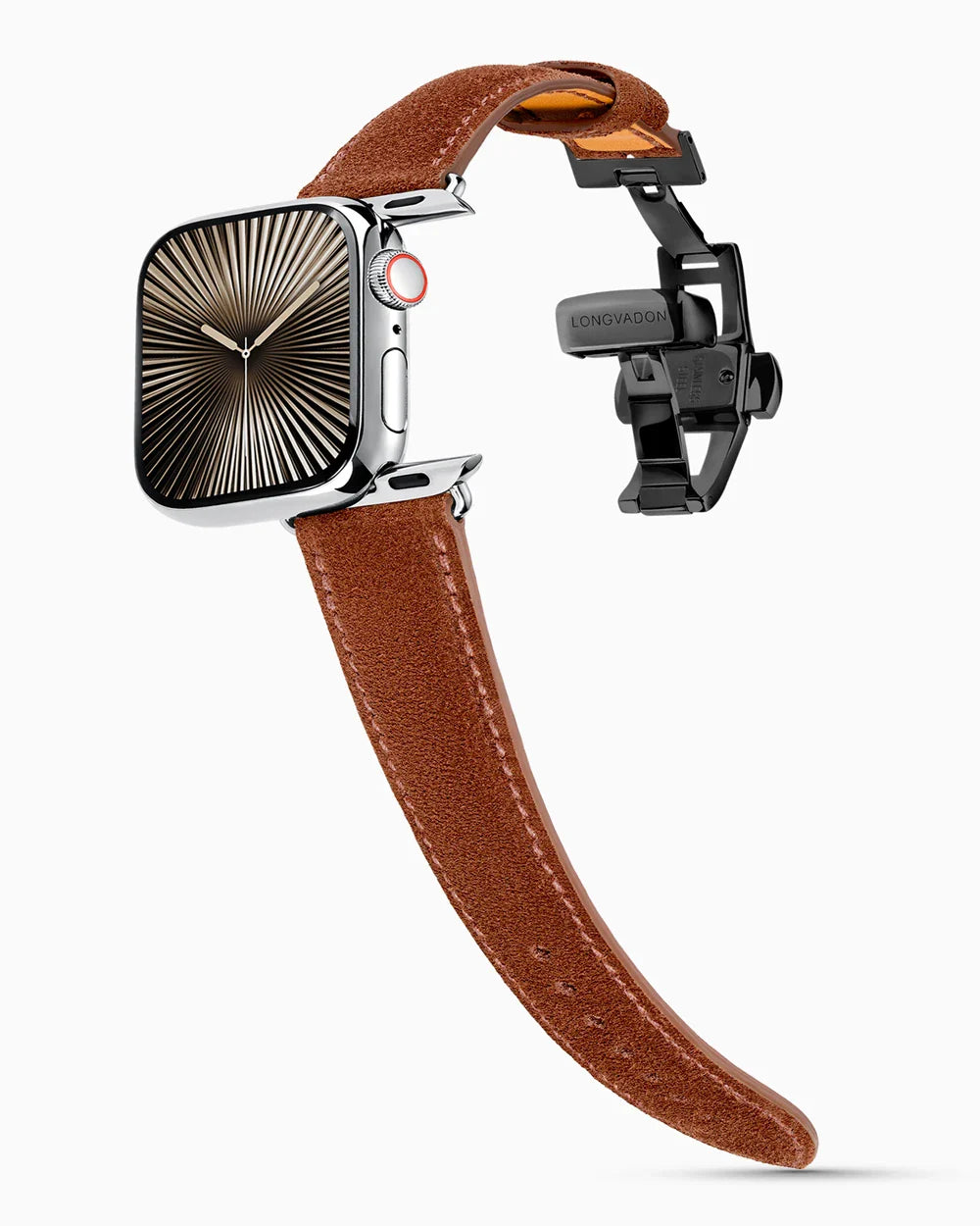 Janus Suede luxury Apple Watch leather band on a Series 10 Apple Watch