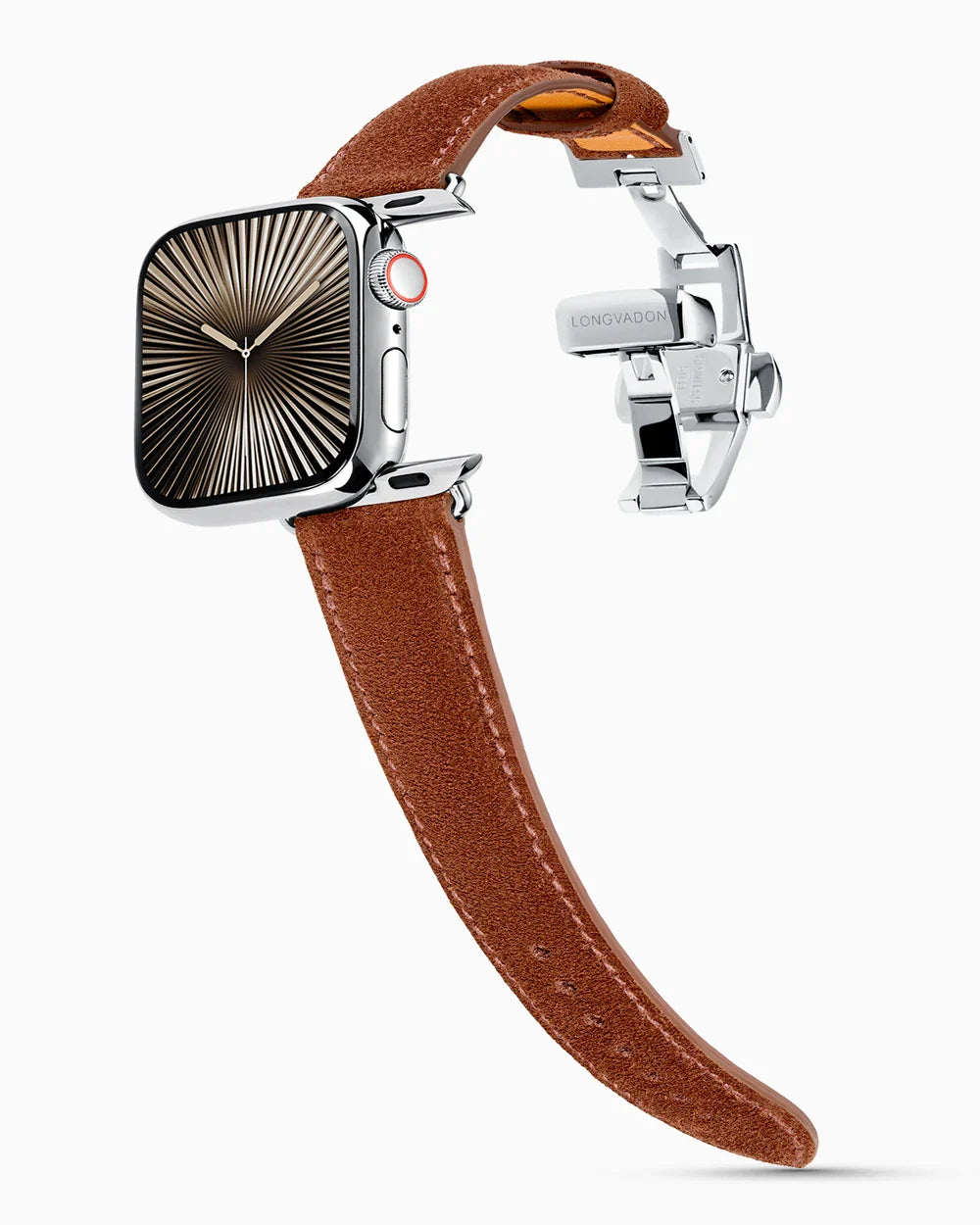 Janus Suede luxury Apple Watch leather band on a Series 10 Apple Watch