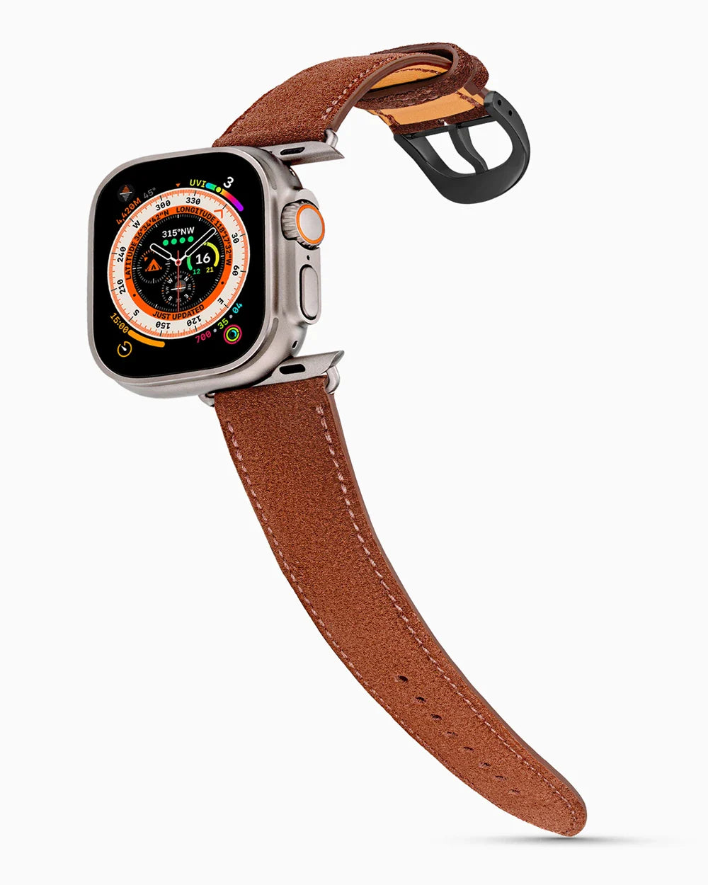 Janus Suede luxury Apple Watch leather band on an Apple Watch Ultra