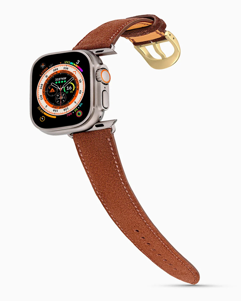 Janus Suede luxury Apple Watch leather band on an Apple Watch Ultra