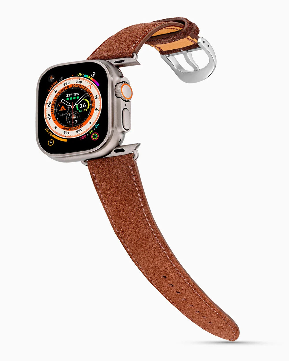 Janus Suede luxury Apple Watch leather band on an Apple Watch Ultra