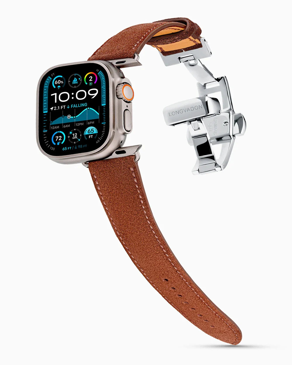 Janus Suede luxury Apple Watch leather band on an Apple Watch Ultra