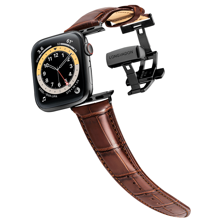 Men's Mahogany Brown Leather Apple Watch Band Black Details