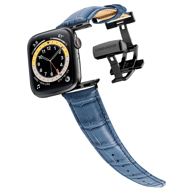 Men's Matte Navy Blue Leather Apple Watch Band Black Details 