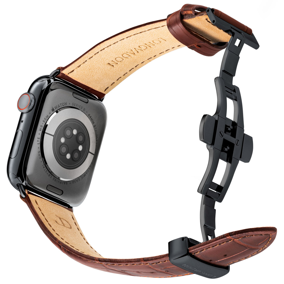 Men's Mahogany Brown Leather Apple Watch Band Black Details