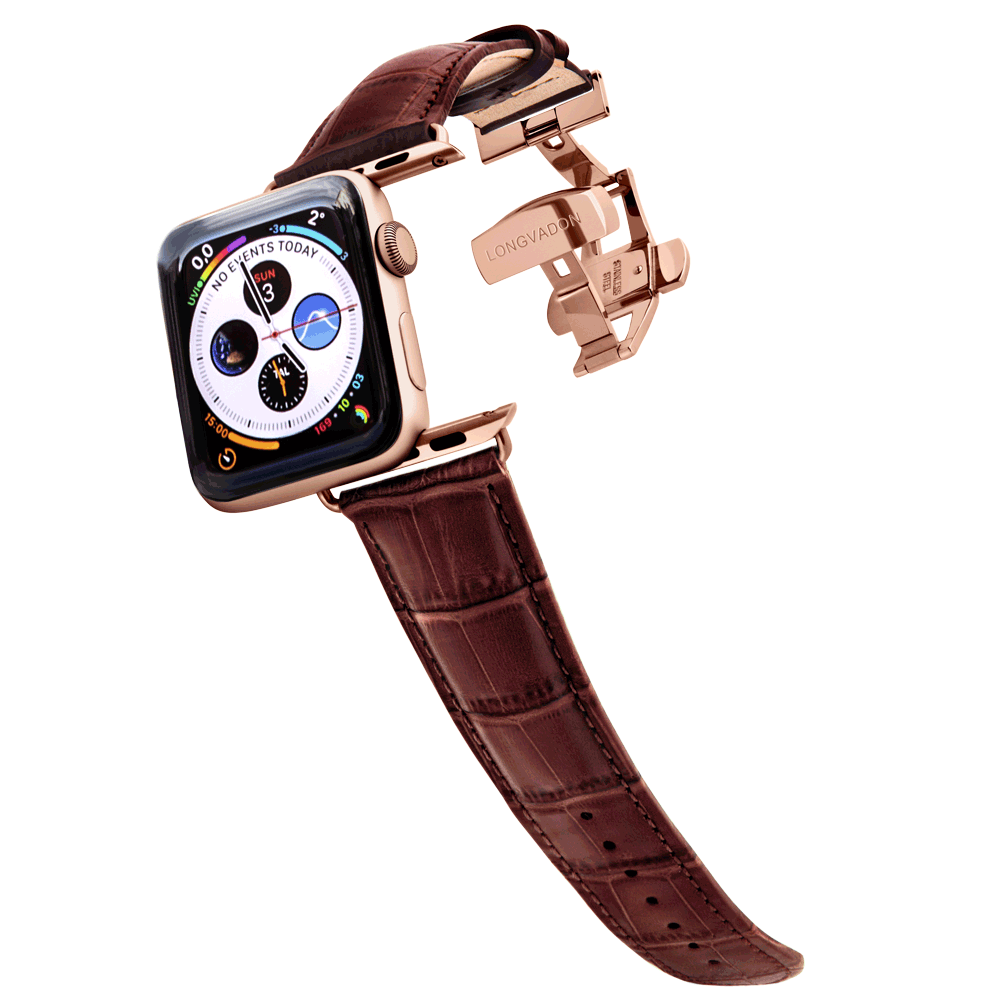 Men's Mahogany Brown Leather Apple Watch Band Rose Gold Details
