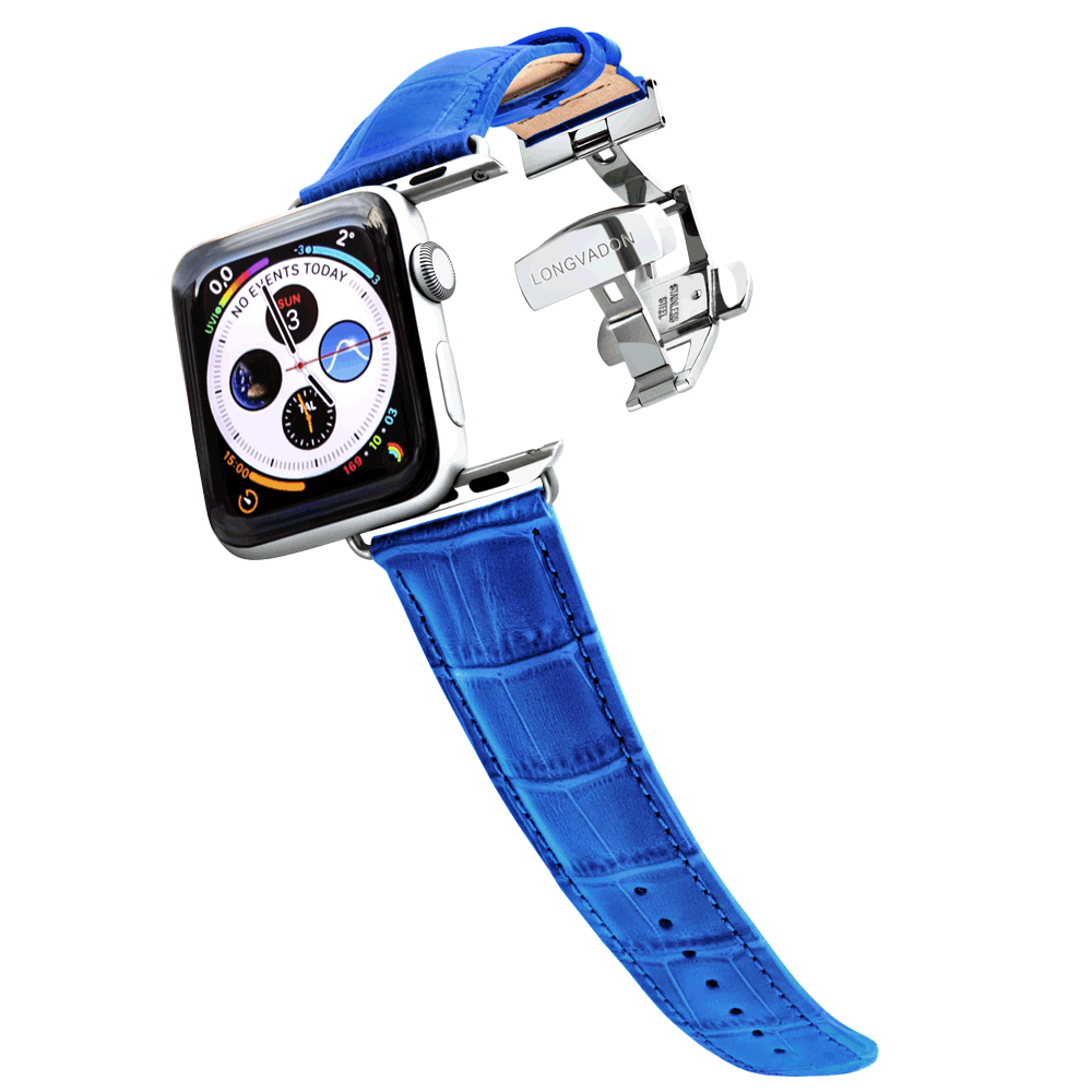 Men's Blue Leather Apple Watch Band Silver Details Longvadon